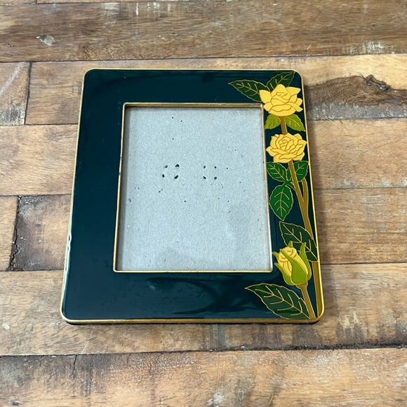 Vintage MCM Enamel Photo Frame Dark Green Yellow Roses With Gold Border Retro - Picture 12 of 12